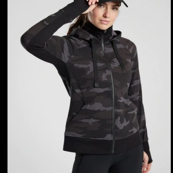 Athleta Triumph full zip black & gray camo hoodie warm up jacket, L - Picture 2 of 11